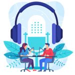 Podcast concept illustration. Female radio host interviewing guests on radio station. Podcast in studio flat vector illustration. Man and woman in headphones talking. Vector in flat style