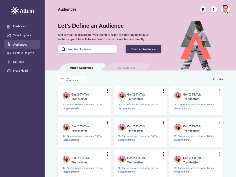 The "Audiences" tab in Attain's SaaS platform.