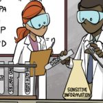A comic showing lab techs as stand-ins for legislators experimenting with provisions for US state privacy laws, including restrictions on collecting sensitive data.