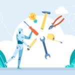 An illustrated robot juggling multiple tools in the air.