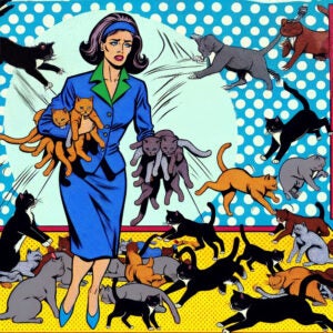 Pop art artistic image of busy modern woman herding cats, overwhelming scene