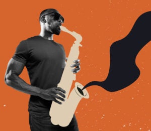 Excited man playing hand-drawn saxophone on orange color background. Modern design. Conceptual, contemporary art collage. Soul music, festival, ad. Retro styled, surrealism, fashionable.