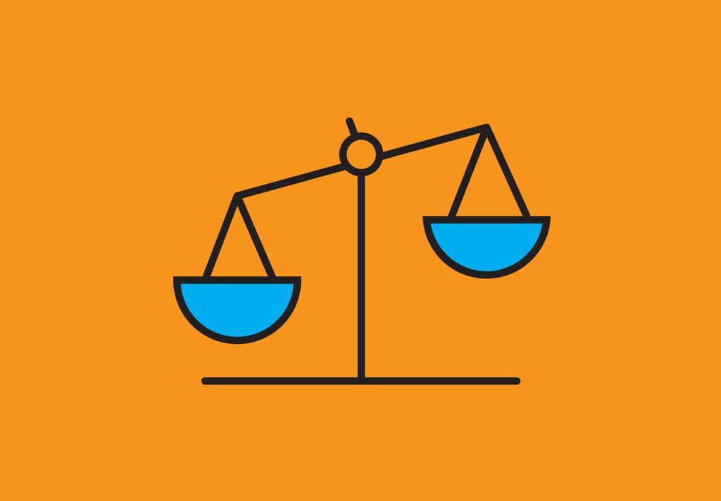 a scale with two plates suspended on either side of a central pivot, representing equilibrium and fairness, often in a stylized design.