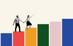 Banner. Contemporary art collage. Two people holding hands and go up on colorful columns, graph as on career ladder. Concept of partnership, business acquisition, deal, cooperation, teamwork, contract