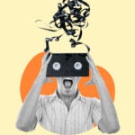 Creative template collage of furious man headless with tangled tape record suffer psychological problem stress solving difficulty