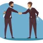 Betrayal, business, deal, greeting, competition concept. Lie deception and corporate dishonesty illustration. Businessmen leaders entrepreneurs making agreement holding concealing knives behind backs.