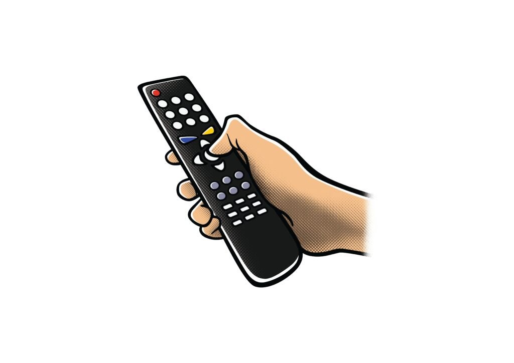 Cartoon hand holding a smart TV remote with their thumb pressed on the middle button of the remote, pointing it presumably at an unpictured TV device