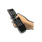 Cartoon hand holding a smart TV remote with their thumb pressed on the middle button of the remote, pointing it presumably at an unpictured TV device