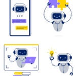 Chatbot or AI assistant in different tasks. Robot helps to find solutions, answers, and ideas. Vector flat illustrations isolated on a white background.
