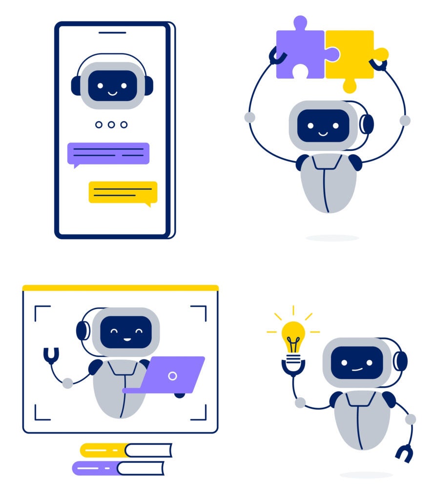 Chatbot or AI assistant in different tasks. Robot helps to find solutions, answers, and ideas. Vector flat illustrations isolated on a white background.