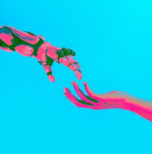 A robot and human and, colored pink, reach out toward each other against blue background