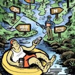 AdExchanger comic, called 'solitary streamer', depicts a man in a tube floating down a stream of water surrounded by wooden signs, pointing in various directions, each with a logo representing a different streaming service, including Netflix, Peacock, Disney+ and Prime Video.