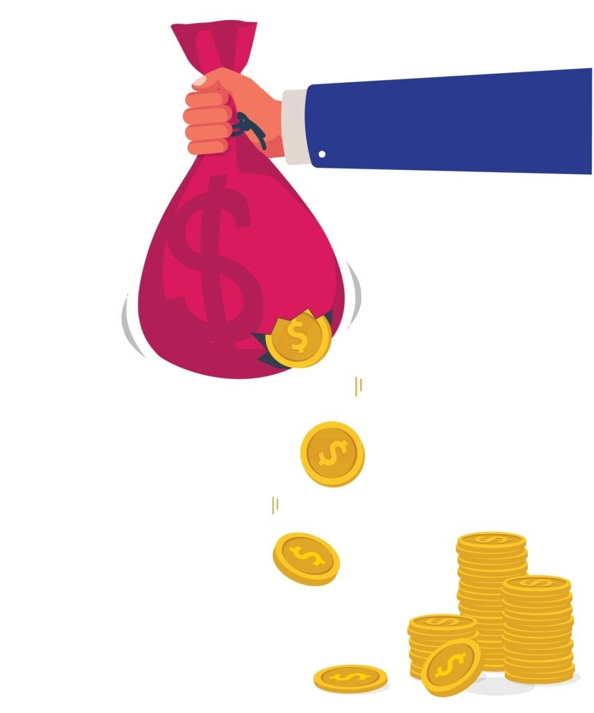 Coins falling out of a hole in a moneybag