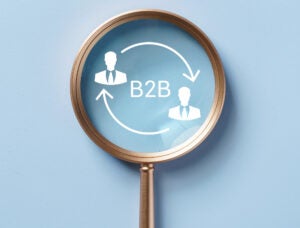 B2B symbols in magnifying glass, B2B Marketing, Business to business, e-commerce, Business Company Commerce Technology digital Marketing, business action plan Strategy, internet online marketing.