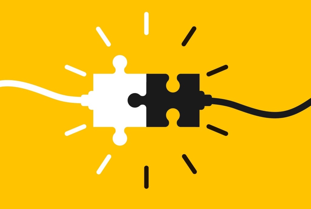 Puzzle pieces connected together. Two puzzle pieces with cables coming together on yellow background. Problem solving concept, business solutions and ideas. Vector illustration.