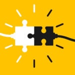 Puzzle pieces connected together. Two puzzle pieces with cables coming together on yellow background. Problem solving concept, business solutions and ideas. Vector illustration.