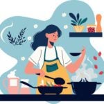 Cartoon of a woman in an apron cooking vegetables on a stovetop, holding a ladle as if to taste her creation