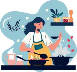 Cartoon of a woman in an apron cooking vegetables on a stovetop, holding a ladle as if to taste her creation