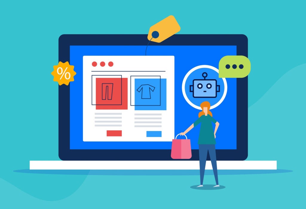 AI product suggestion, Artificial intelligence recommending products to ecommerce customers. AI driven eCommerce platform - vector illustration with icons