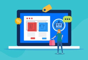 AI product suggestion, Artificial intelligence recommending products to ecommerce customers. AI driven eCommerce platform - vector illustration with icons