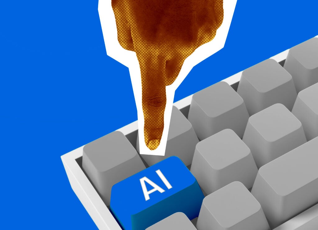 Hand pressing blue AI button on keyboard. Digital collage of artificial intelligence interface.