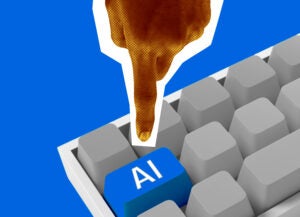 Hand pressing blue AI button on keyboard. Digital collage of artificial intelligence interface.