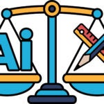 A scale with the letters AI on one side and a pencil and ruler on the other. The pencil and ruler represent the concept of measurement and precision