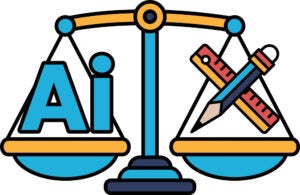 A scale with the letters AI on one side and a pencil and ruler on the other. The pencil and ruler represent the concept of measurement and precision