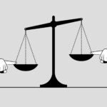 Scales and hands touching the bowls with index fingers from opposite sides. Arguments, evidence and tricks in trial. Concept of judging, trial and justice