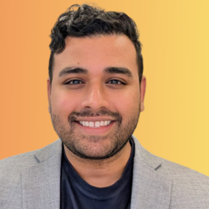 square Headshot of Mohammad (Moe) Chughtai, global VP of strategy & partnerships at MiQ, against an orange and yellow gradient background