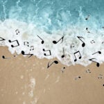 Sounds of nature. Musical notes scattered above rolling ocean waves on sandy beach