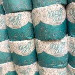 San Jose, CA - June 1, 2023: Closeup of Georgia Pacific Angel Soft kinds of toilet paper on a shelf. Each roll is individually wrapped.