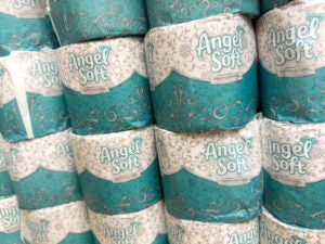 San Jose, CA - June 1, 2023: Closeup of Georgia Pacific Angel Soft kinds of toilet paper on a shelf. Each roll is individually wrapped.