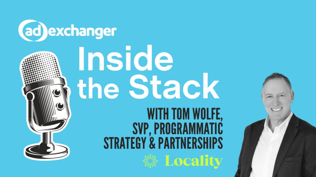 Podcast promotional image featuring a microphone and text about "Inside the Stack" with Tom Wolfe from Locality.