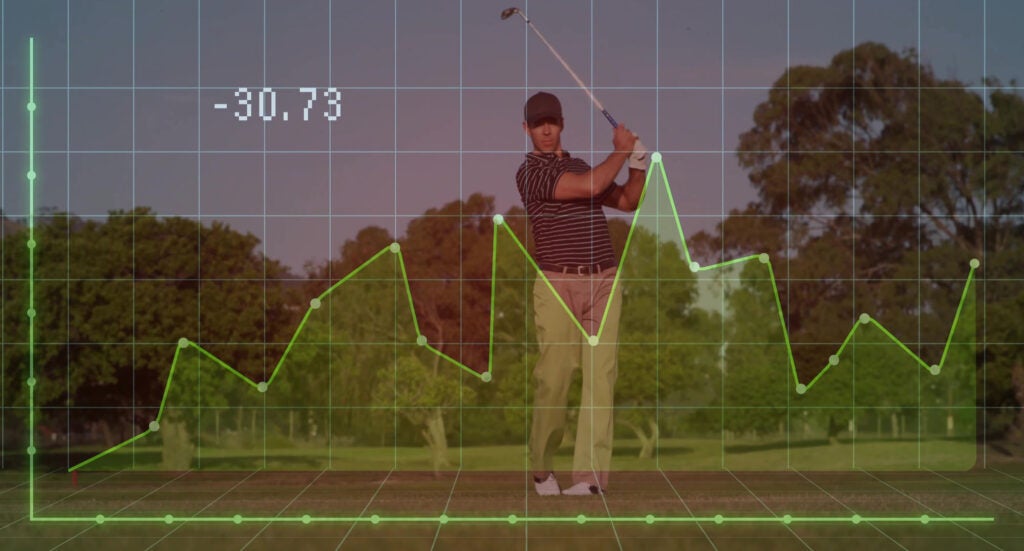 Swinging male golfer in polo shirt on fairway, with golf club and line graph overlay. Athletic, success, confidence, sportswear, outdoor, competition, dynamic