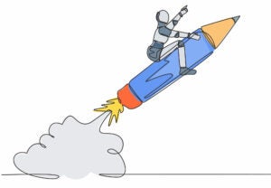 Single continuous line drawing robot riding pencil rocket flying in the sky. Tech education and creativity. Future technology development. Artificial intelligence. One line design vector illustration