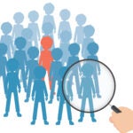 Flat Hand Holding a magnifying glass, find the person you want from many people. Find the right thing for you.
