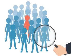 Flat Hand Holding a magnifying glass, find the person you want from many people. Find the right thing for you.